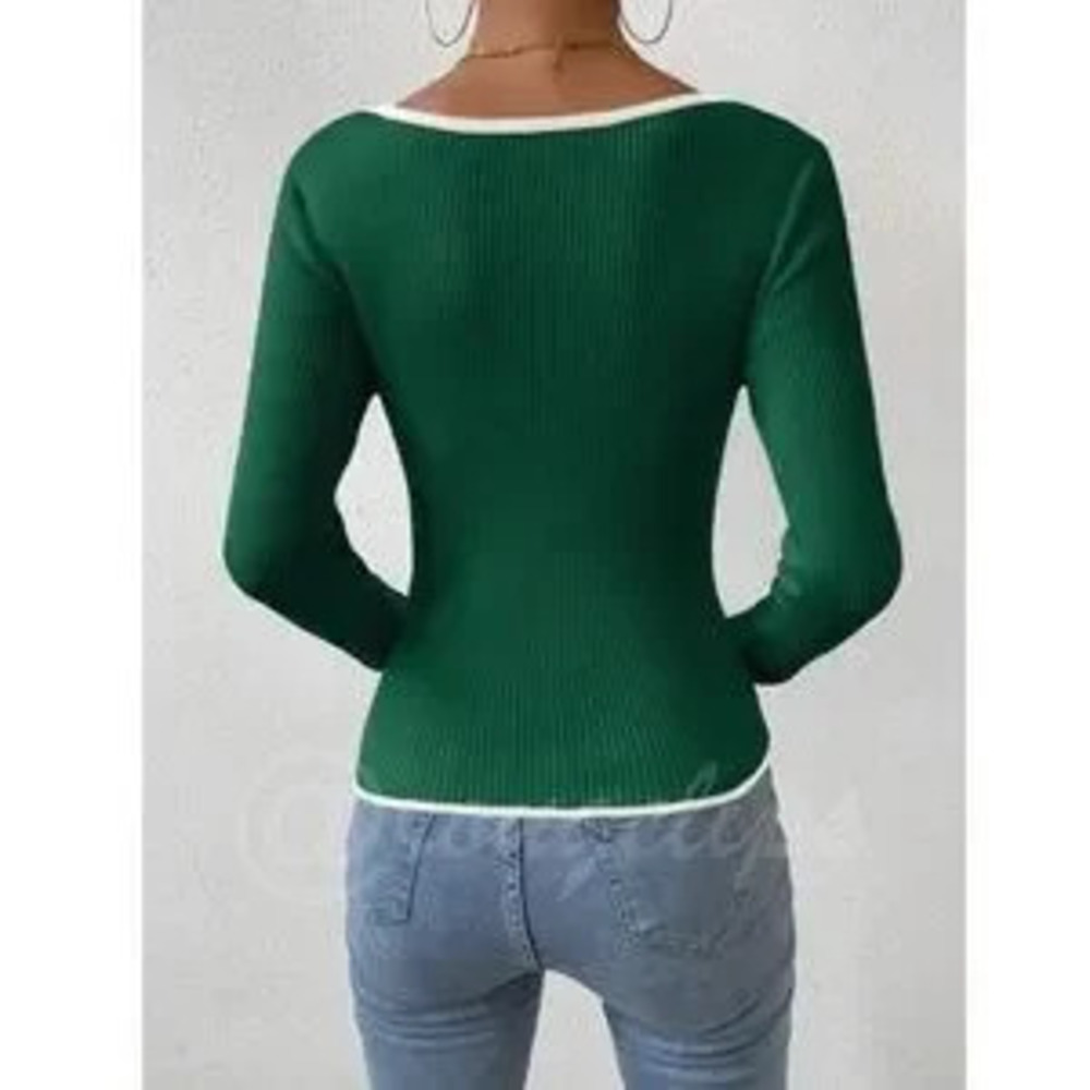 Green Rib Knit Sweetheart Neck Contrast White Trim Long Sleeve Fitted Sweater - Picture 4 of 5